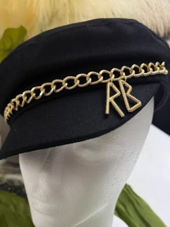 Black Baker Boy Newsboy Cap Gold Chain Charm Military Style Fashion Hat